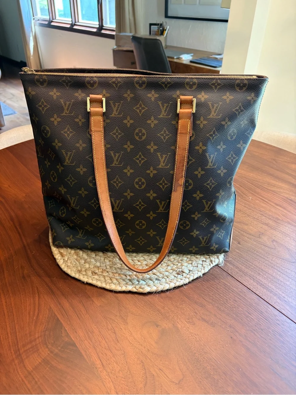 Louis Vuitton Cabas Mezzo Monogram Canvas Tote with Tan Leather Straps